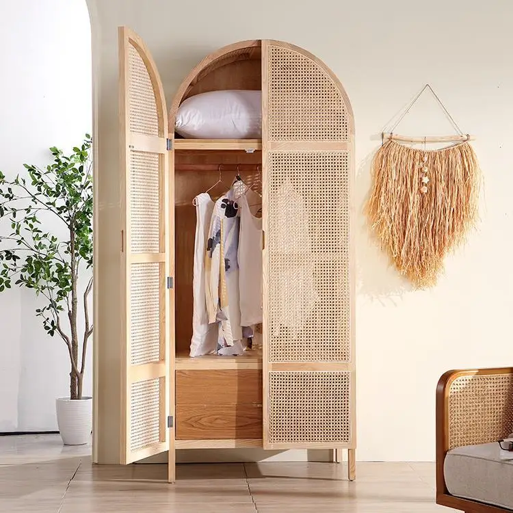 

Nordic solid wood wardrobe is surprised by the wind rattan simple storage cabinet bed
