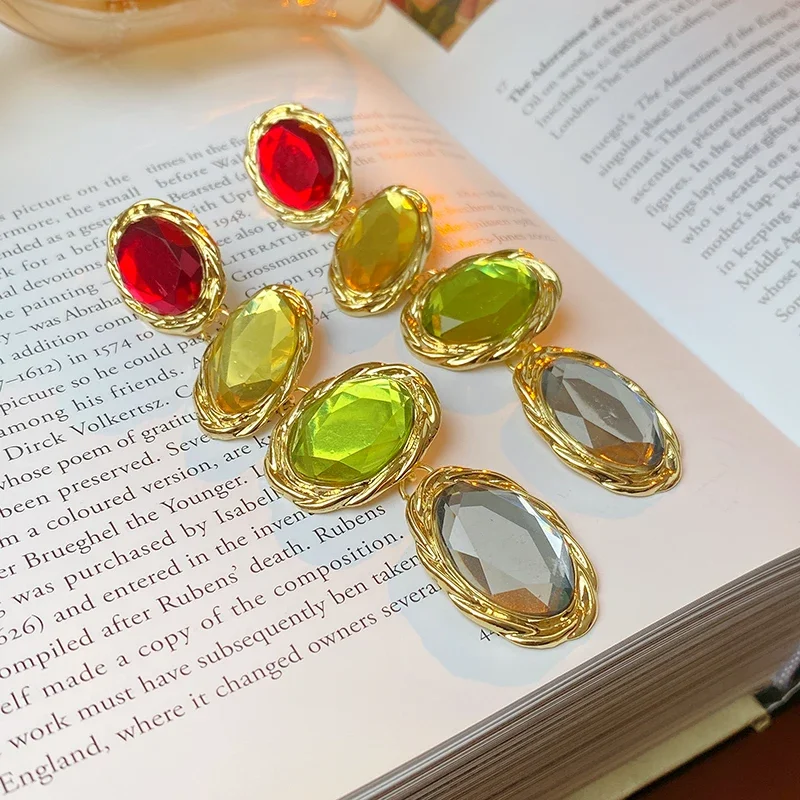 Rhinestone Long Colorful Oval Metal Dangle Earrings for Women Vintage Sparkle Light Luxury Silver Needle Earring Gifts Wholesale