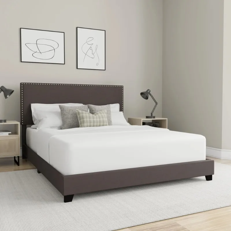 Willow Nailhead Trim Upholstered Queen Bed, Charcoal Fabric， bedroom furniture ， beds ， bed frame