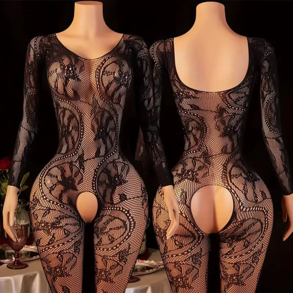 Lace Bra One-Piece Set Crotchless Lingerie Women's Curve Jumpsuit Hot Open Bras Body Stockings Halter Neck See-through Underwear image 4