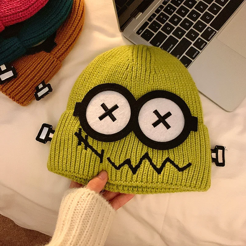 Kpop Cute Cartoon Cuff Beanie Cap Women\'s Candy Color Big Eyes Smile Skullies Hat Fashion Streetwear Student Warm Winter Knitted