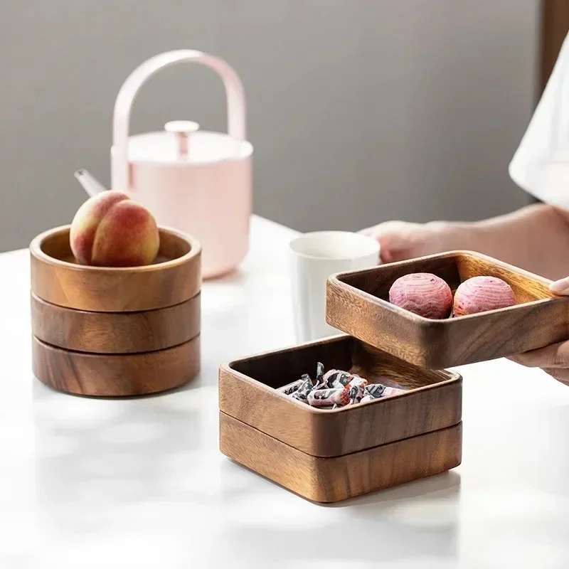 

Walnut Wood Plate Square Tray Japanese Tableware Household Simple Confectionery Plate Small Round Bowl Creative Stackable Plate