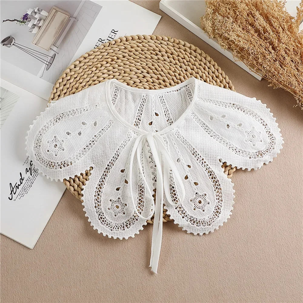 Women White Fake Collar Shawl Solid Color Detachable Lace Floral Embroidered Removable Fake Collars Faux Collar Dropship