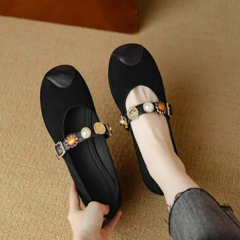 Women Round Toe Sheepskin Mary Jane Shoe Buckle Strap Low Heeled Elegant Dress Pumps Summer Autumn Genuine Leather Footwear view 3