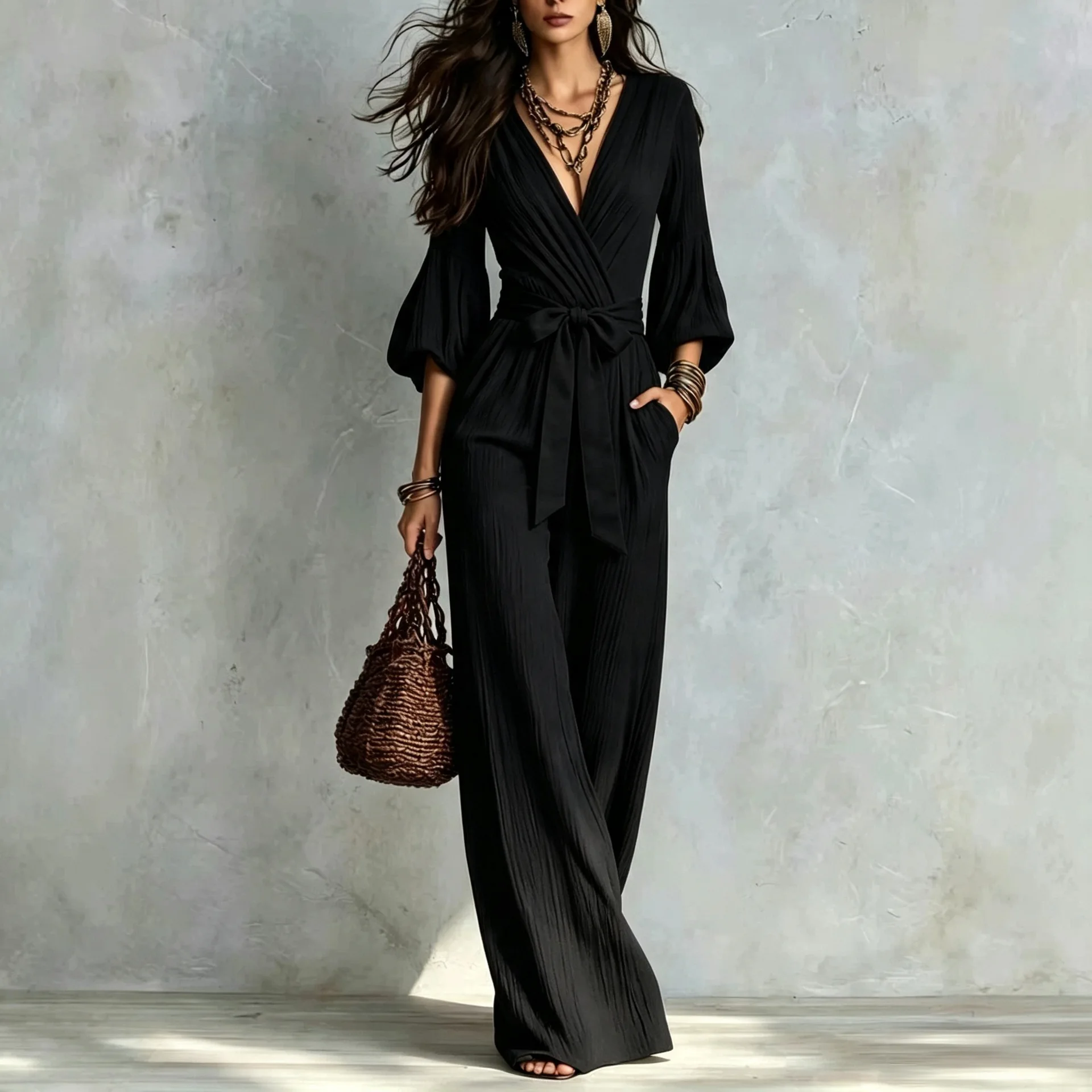  Fashion Autumn French Elegant Deep V Neck Puff Sleeve Jumpsuit Women Tie Waist Belt Textured Wide Leg Long Pants Casual Romper