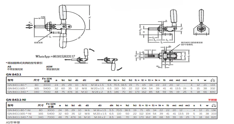 スチール製プッシュプルクランプスティッククランプ GN 843.1-165 -AS-NI MM