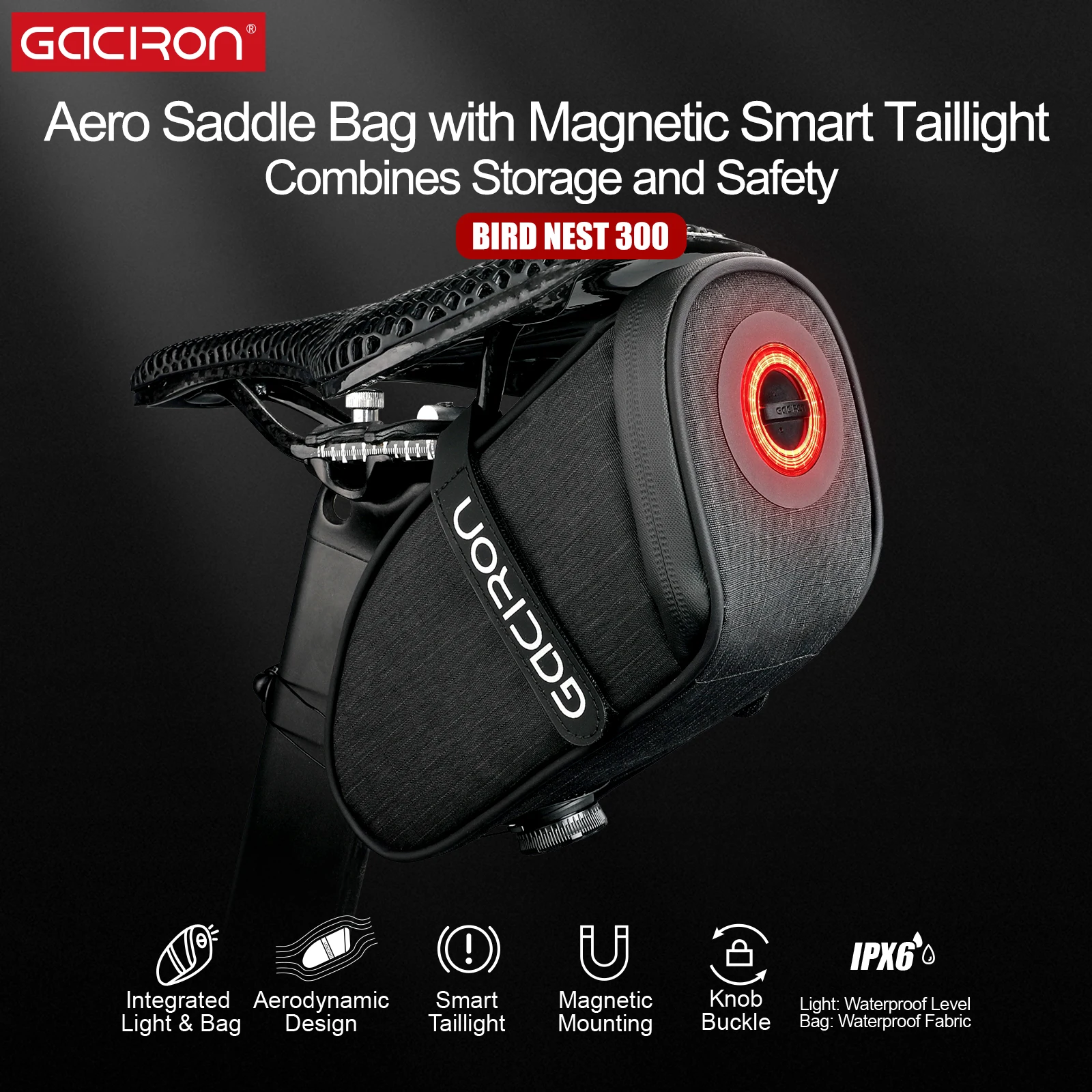 

Gaciron BIRD NEST aero Saddle Bag With Magentic Smart Motion Sensor Taillight,Large capacity Water-repellent Bicycle Saddle Bag