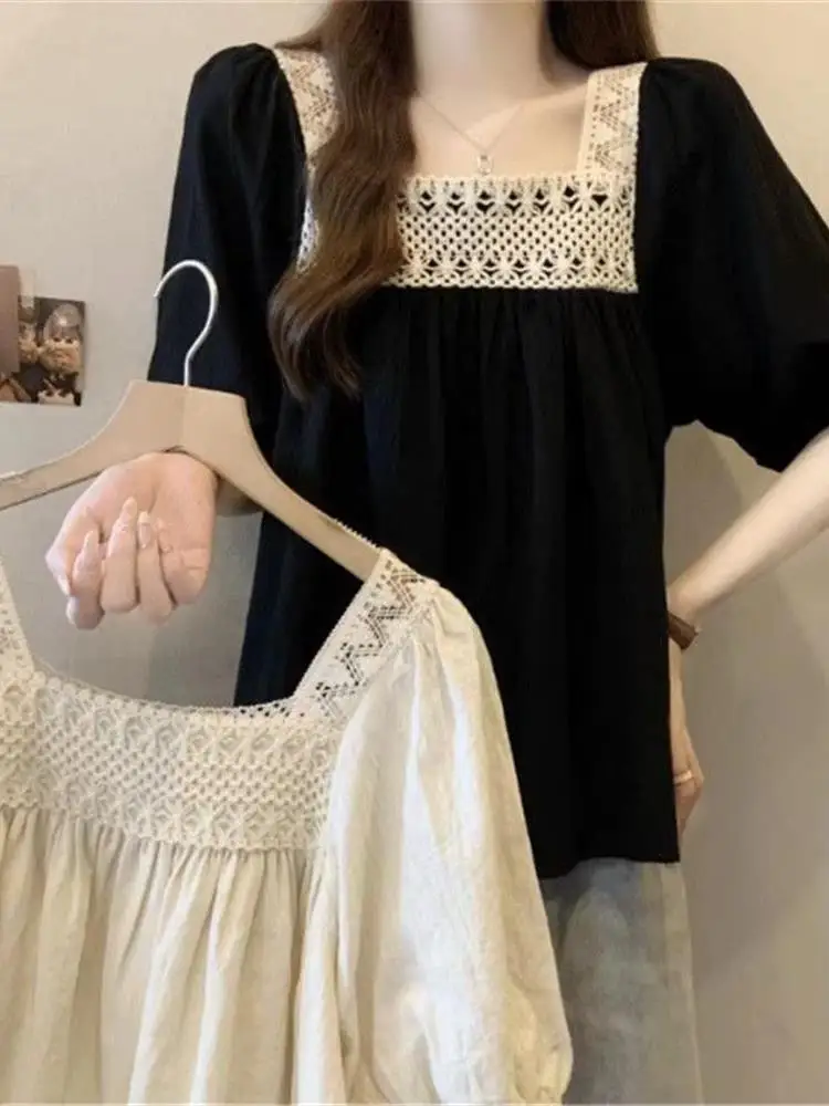 

plus Size Women's Shirt Summer Hollow out Square Collar Short Sleeve Bubble Sleeve Loose Fit Anti-Aging Doll Style Top