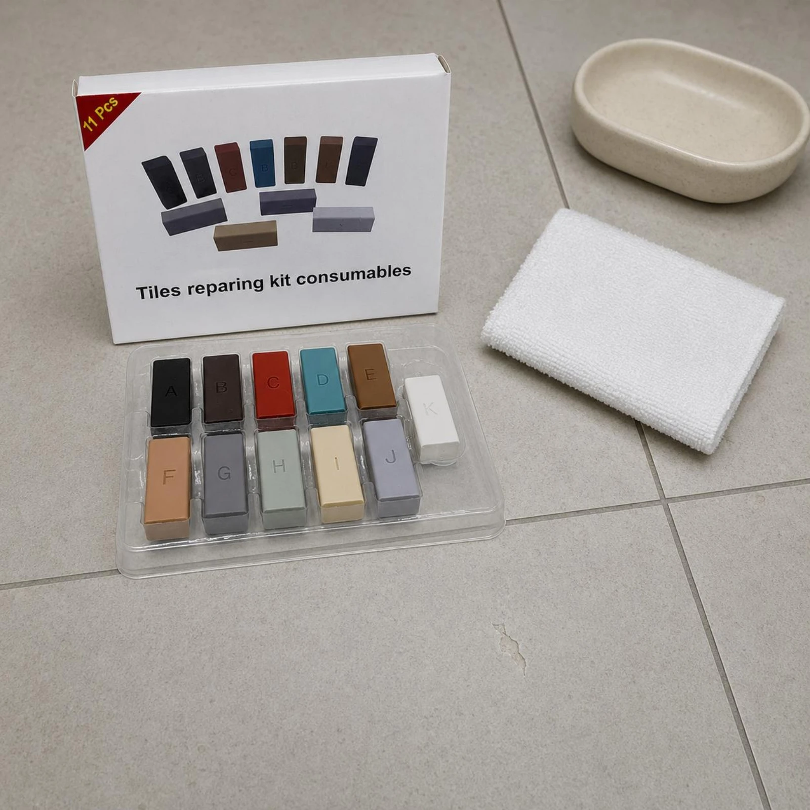 

11 Pieces Surface Repair Putty Blocks Assorted Colors Tile Repair Kit Putty Block Kit Clear Tray Printed Box