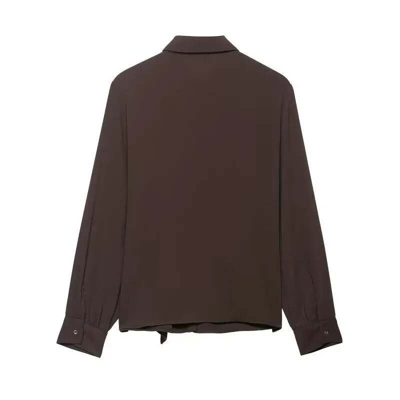 Dames crêpe shirt met knoop herfst eenvoudige lange mouwen pocket knop damesoverhemden vrouwelijke vintage shirts en blouses