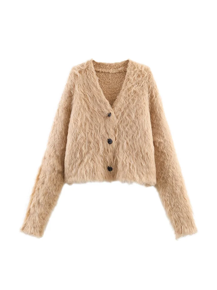 

Новый модный женский кардиган в европейском стиле, универсальный и элегантный, с V-образным вырезом и длинным ворсом.