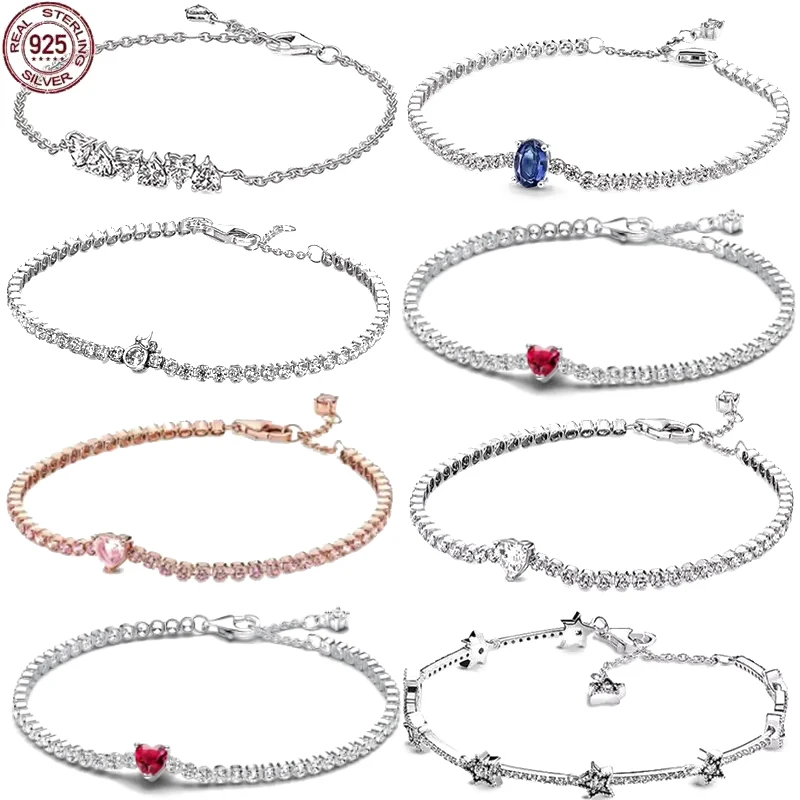 Exquisite 925 sterling silver crystal zircon red heart tennis bracelet women's DIY charm engagement wedding jewelry