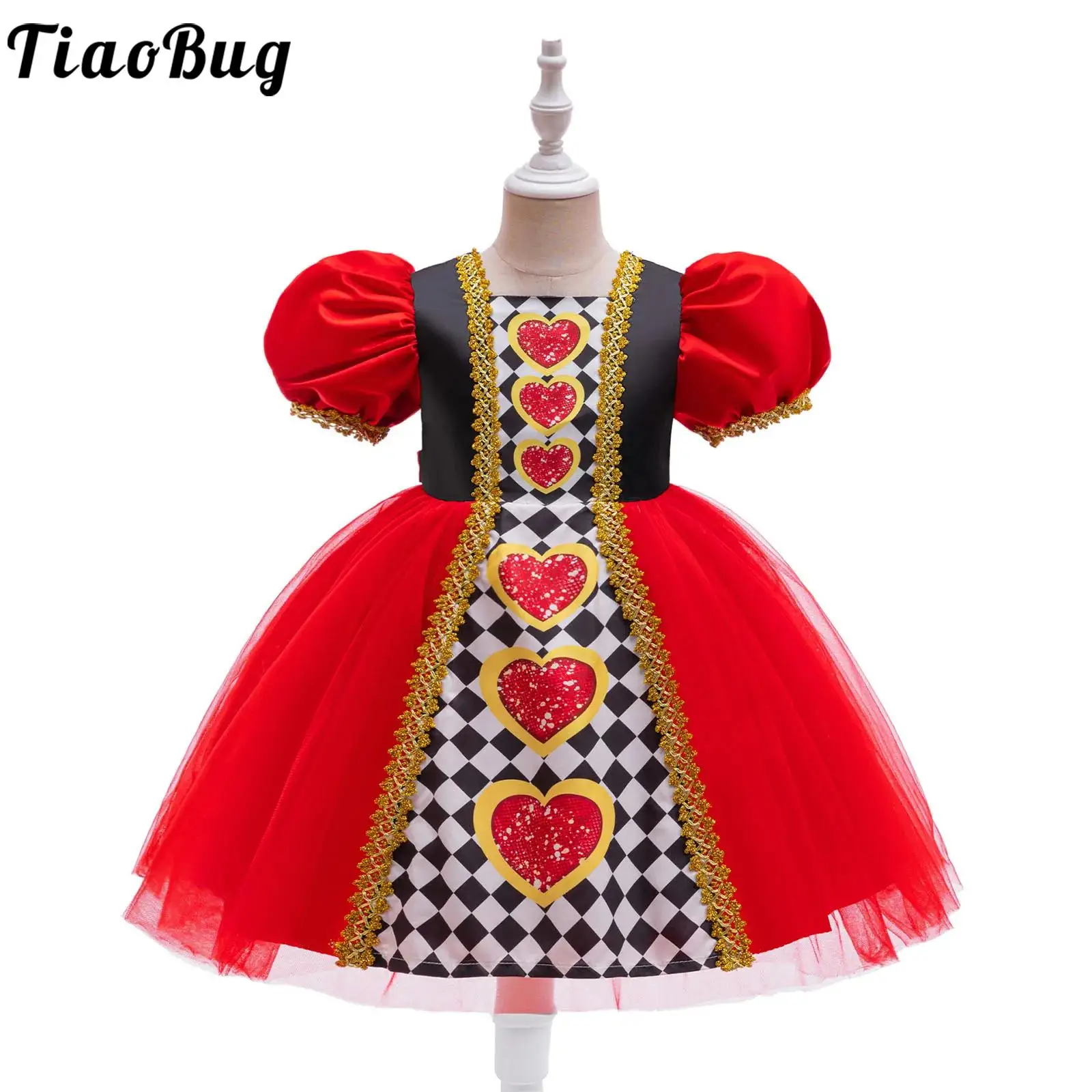 

Kids Girls Red Hearts Princess Costume Puff Sleeve Gold Webbing Tulle Tutu Dress Halloween Themed Party Queen Role Play Gown