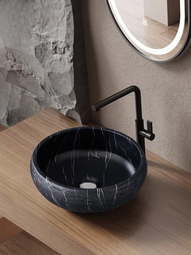 

Italian minimalist luxury stone platform basin wash basin creative personality black marble pattern washbasin