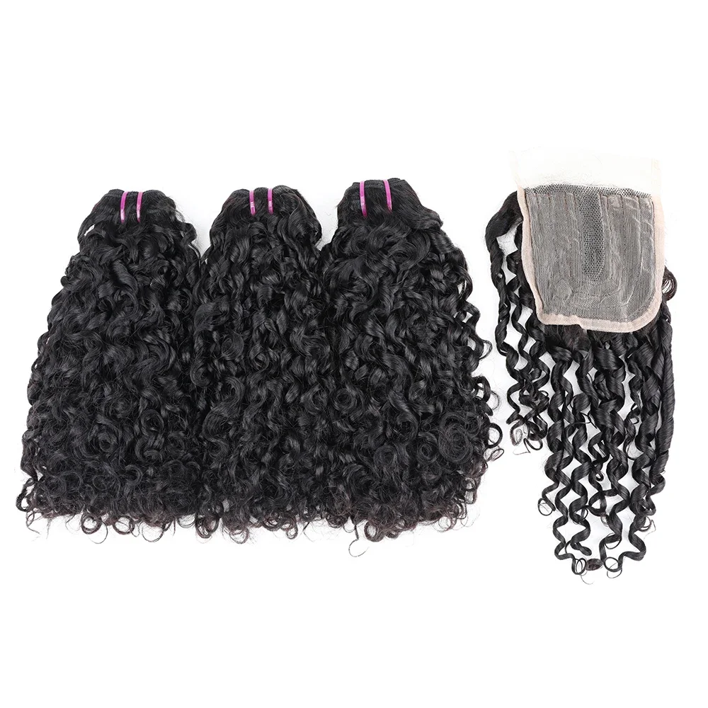 Braziliaanse Double Draw Hair Weave Pixie Krullen Bundels Met Sluiting Remy Kinky Krullend Mensenhaar 3 Bundel En 4X4 Kanten Sluiting 300G