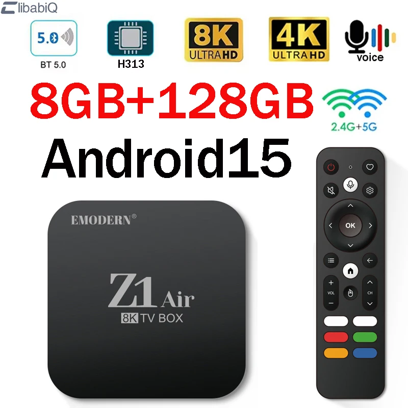 Z1 Air 8 ГБ 128 ГБ Смарт-ТВ-бокс Allwinner H313 Четырехъядерный процессор Поддержка двойного Wi-Fi 4G 5G BT5.0 Голосовой медиаплеер 8K 4K iptv Android 15