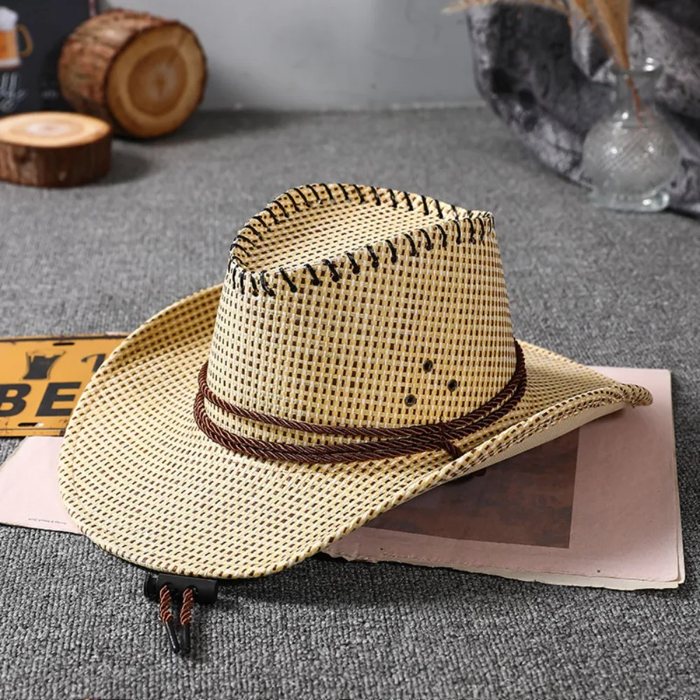 Wide Brim Straw Hat Solid Color Fashion Plaid Western Cowboy Hat Lacing Design Curved Brim Sunshade Hat for Men and Women