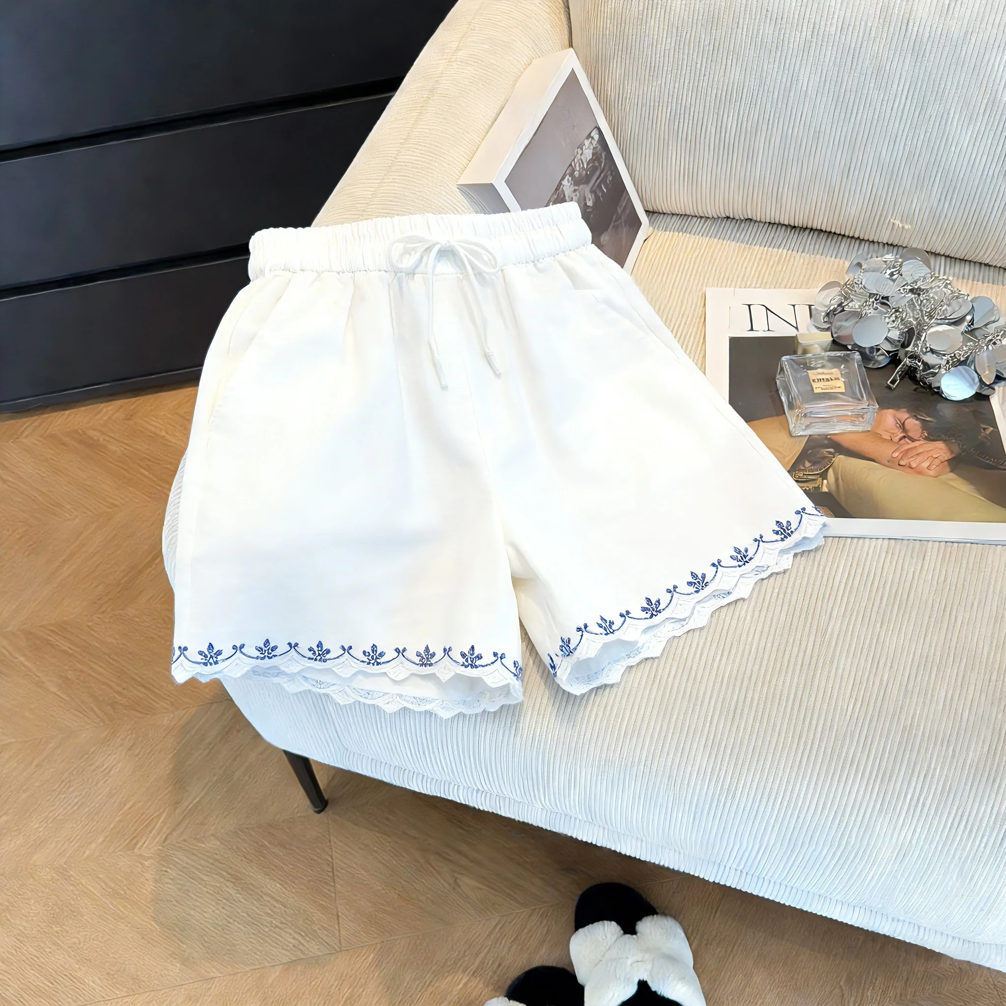 

High Waist Dstring Lace Trim Patchwork ort Pants Women's Casual Straight Leg Pants Spring Autumn Simple Versatile Loose Fit