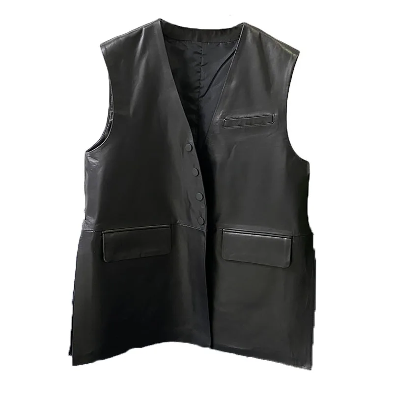 Chaleco de piel de oveja de cuero genuino de moda para mujer largo suelto Bla V-Ne Svel Jaet Simple Sle Crossbody Bule