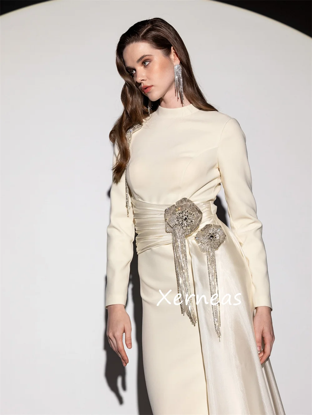 Customized Modern Style Jersey Pleat Flower Sequined Trumpet High Collar Long Dresses Bespoke Occasion Party Sizes Available image 4