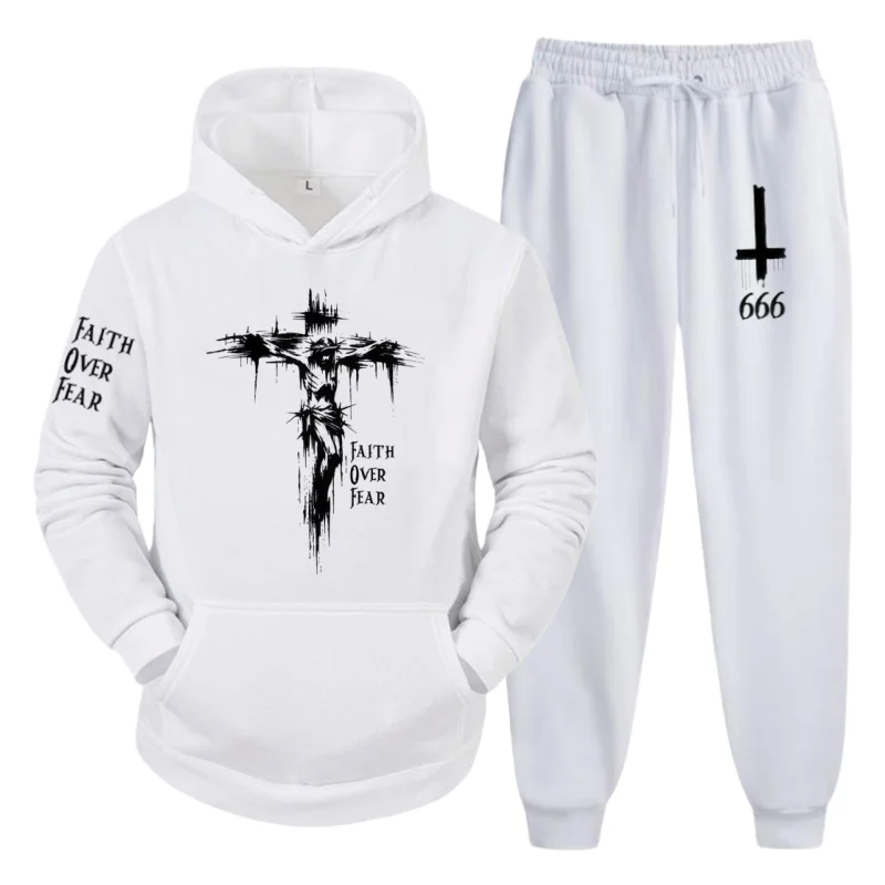 

Men's Autumn Winter Warm Fleece Suit – Hoodie + Trousers with Cross Faith "Faith Over Fear" Print, Fashion Casual Two-Piece Set