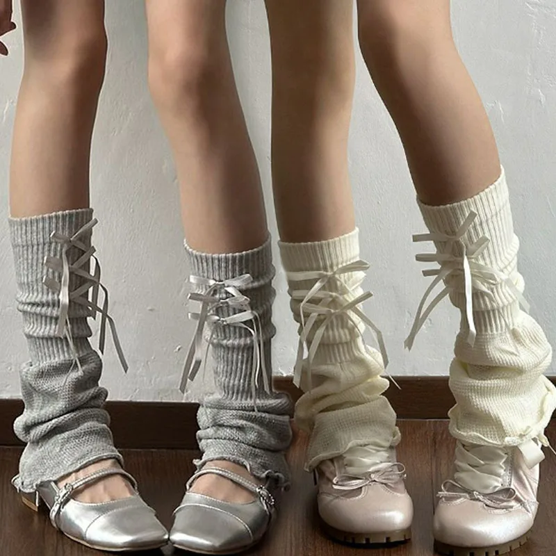 

Теплые чехлы на ноги с бантом и лентой Y2K, милые чулки с рюшами для девочек, женские носки в стиле Лолиты Kawaii, толстые теплые носки до щиколотки