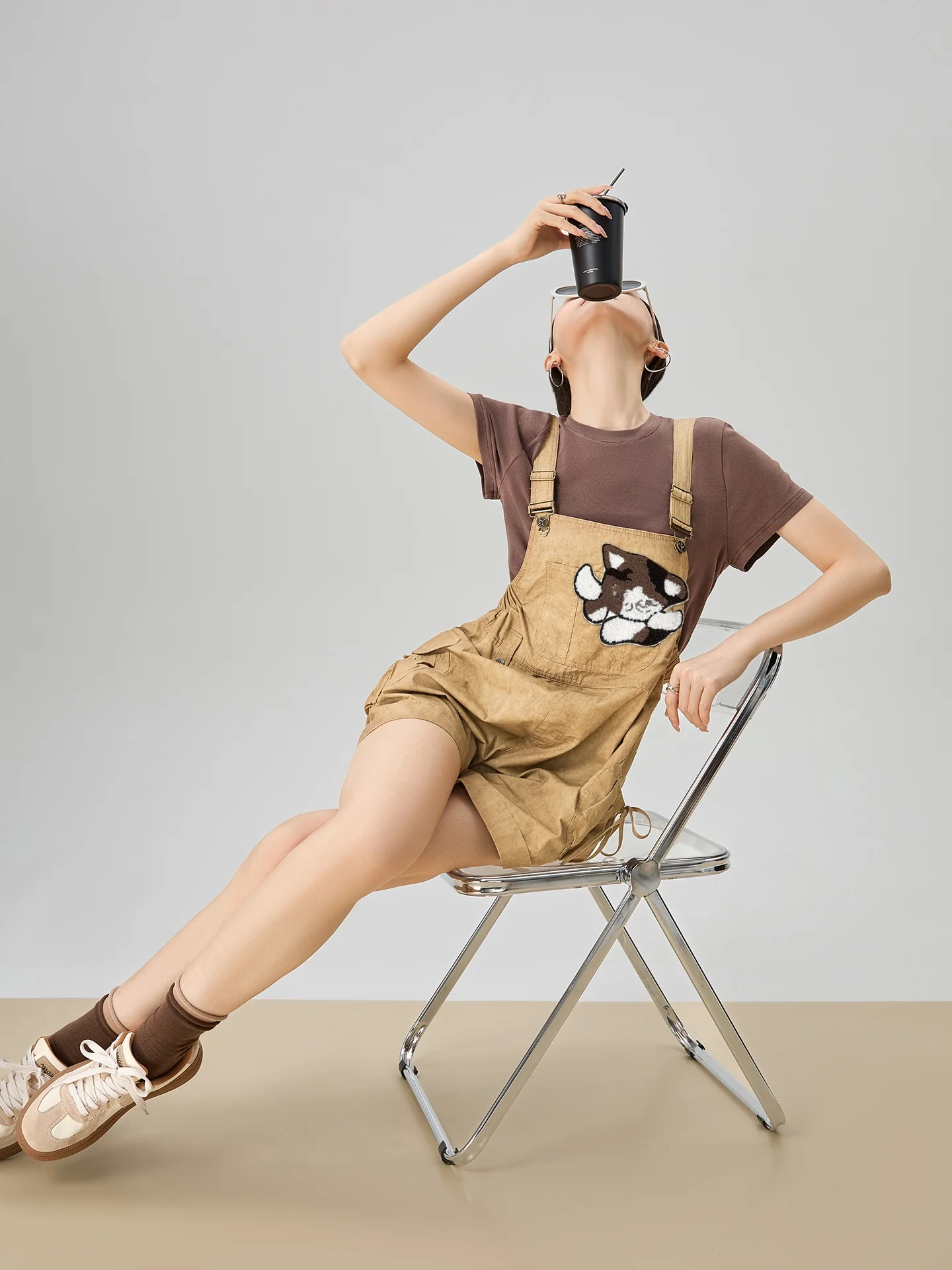 

Khaki Embroidery Overall Pants Women's Faionable ort orts High Waist Straight Leg Commute Sle Summer New Arrival