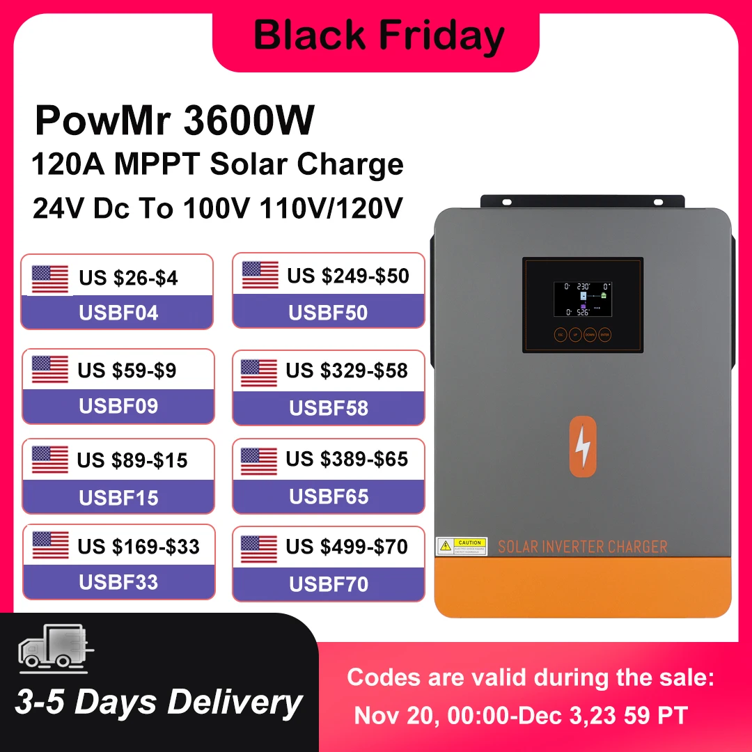 

PowMr 3.6KW Hybrid Solar Inverter 24V DC to 110/120V AC With 120A MPPT Solar Charge Dual Out-Put Power Inversor Support Lifepo4