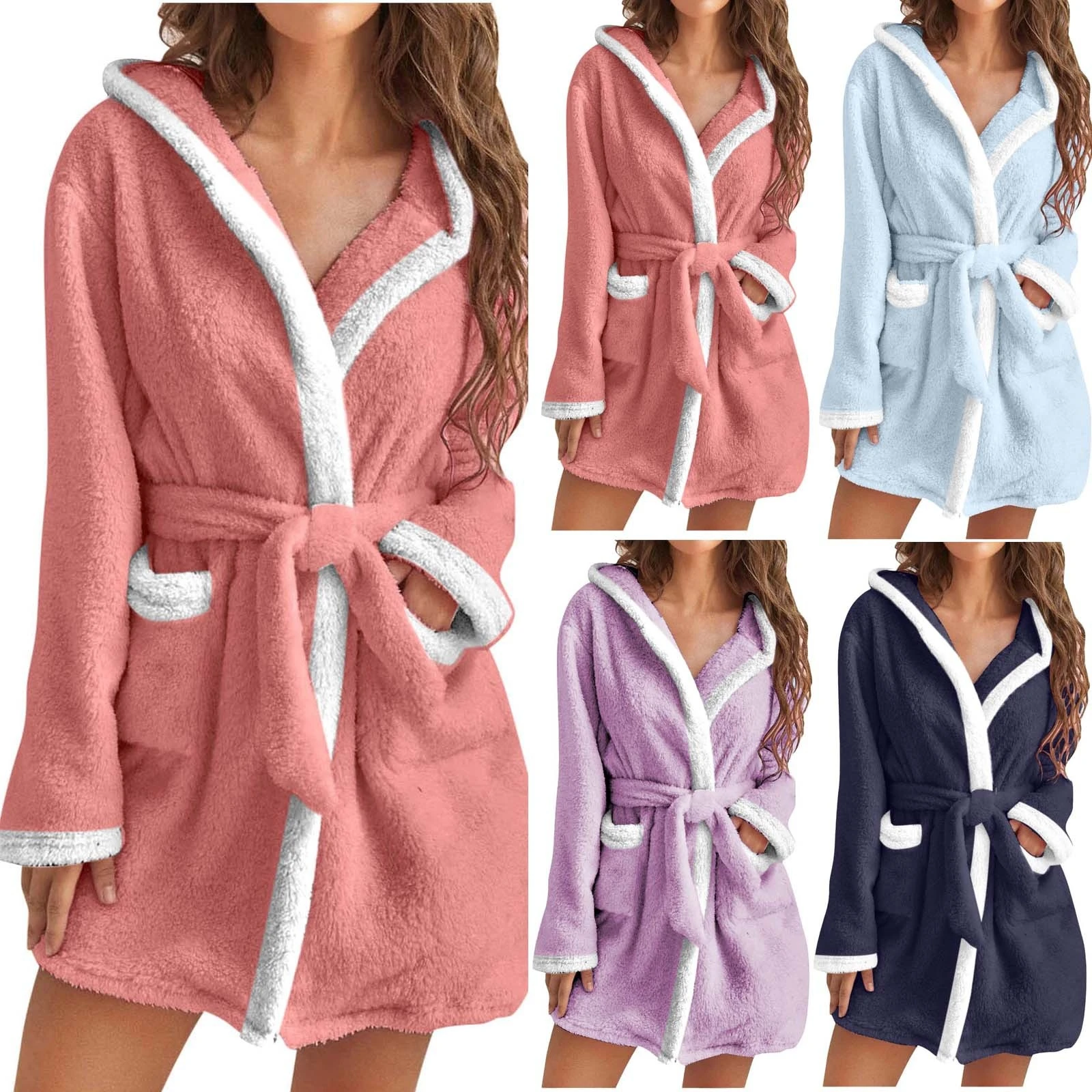 Fall Winter Thick Warm Robes Ladies Hooded Robe Contrast Flannel Coral Fleece Bathrobe Casual Cozy Home Loungewear For Women