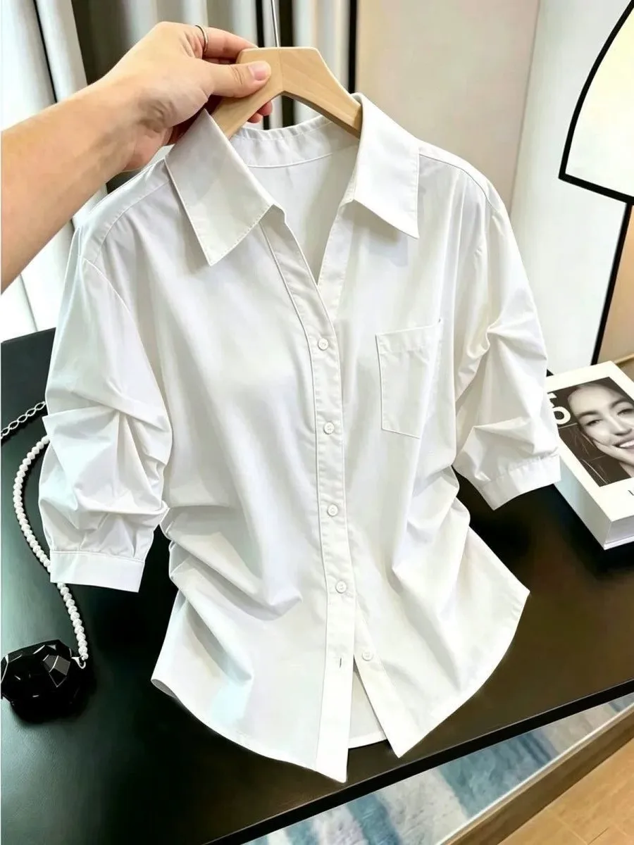 Elegant Blue Shirt Women's Spring Summer  Collar Slim Fit Casual Loose Style Button Detail Gathered Waist Design Top