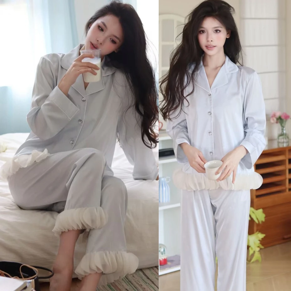 

2PCS Spring Summer Pajamas Sleep Set Lapel Women Satin Shirt&Pants PJS Suit Long Sleeve Sleepwear Pijamas Intimate Lingerie