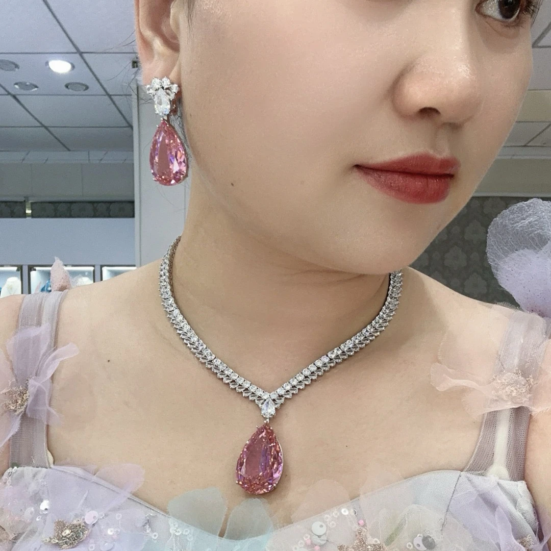 

Luxurious Fashion Jewelry Sets For Women Wedding Party Inlay AAA Cubic Zircon Water Drop Pink Pendant Necklace Earrings Set