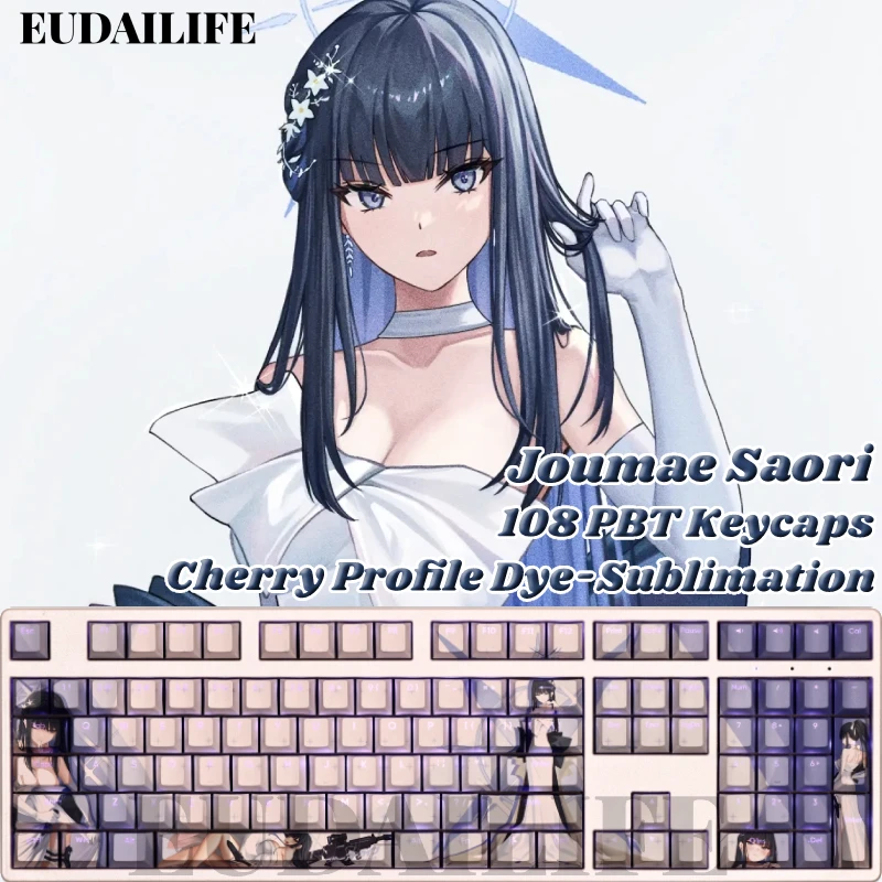 Joumae Saori 108 Keycaps Blue Archive PBT DYE Sublimation Light Transmitting Cherry Cross Axis Switch for Mechanical Keyboard