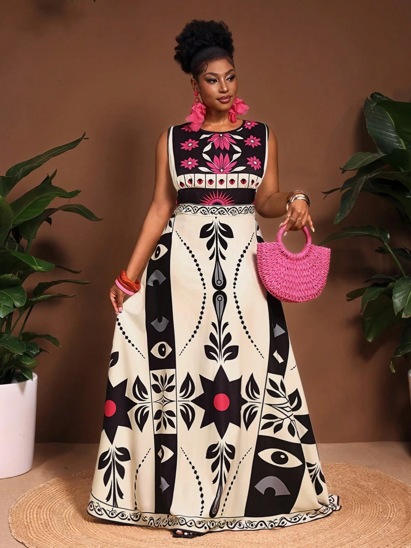 

Plus Size Sleeveless A-Line Maxi Dress Featuring Bold Floral And Geometric Patterns For Summer Party Or Holiday Wear