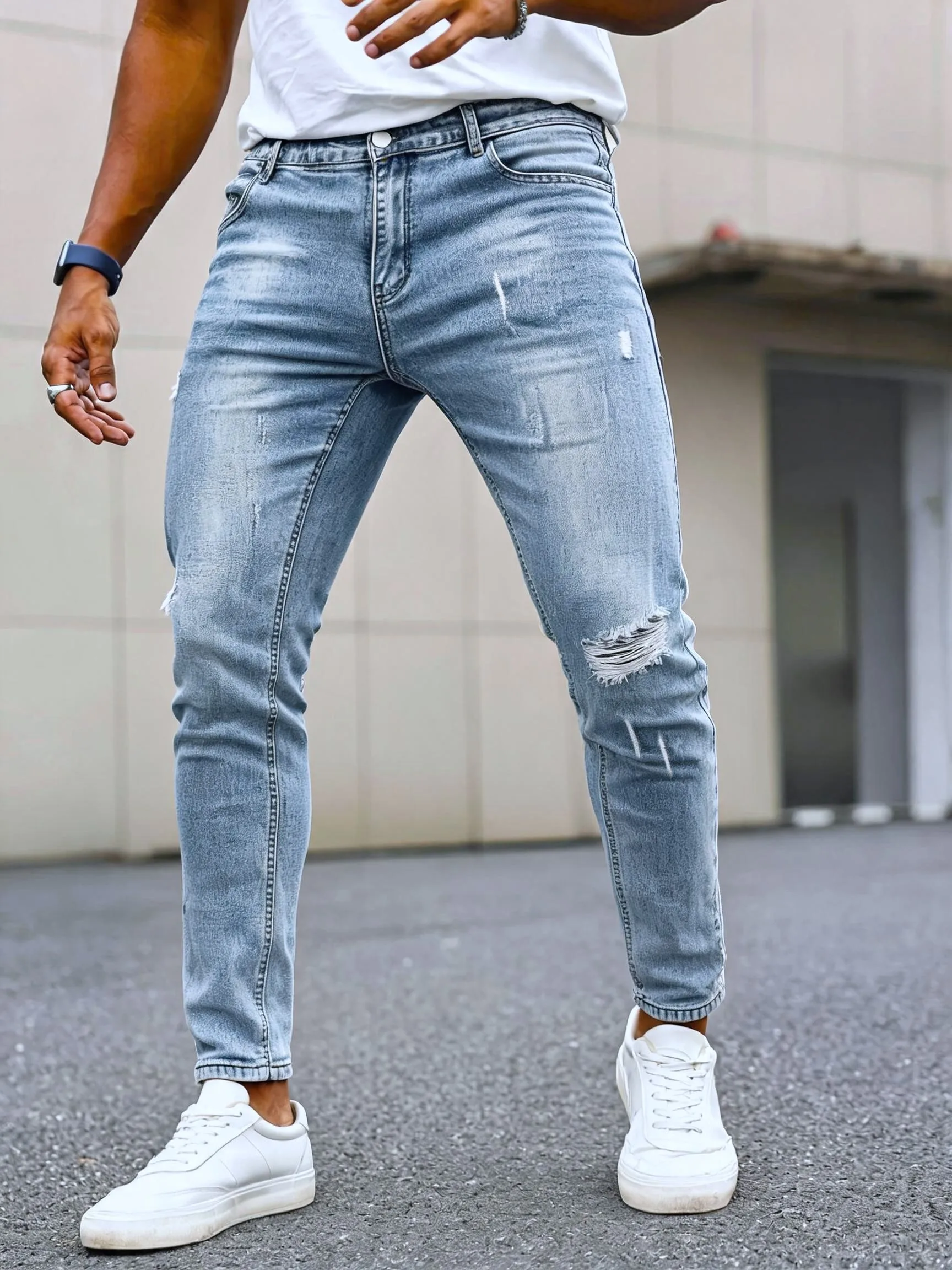 Men Casual Jeans Sky Blue Slim Vintage Distressed Ripped Craft Jeans Standard Mid Rise Four-season Trousers Retro Street Weekend Matching Bottoms