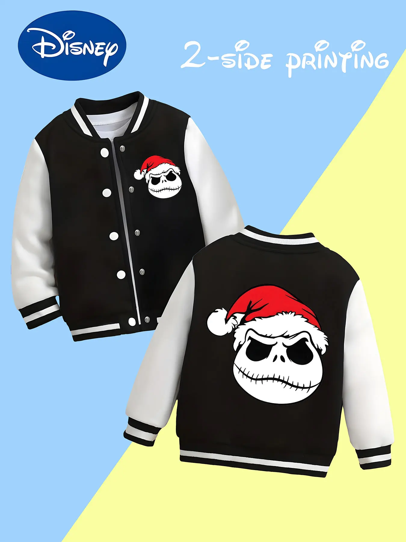 

MINISO Disney Nightmare Before Christmas themed kids' baseball jacket for boys - Santa hat and skull print,fashionable outerwear