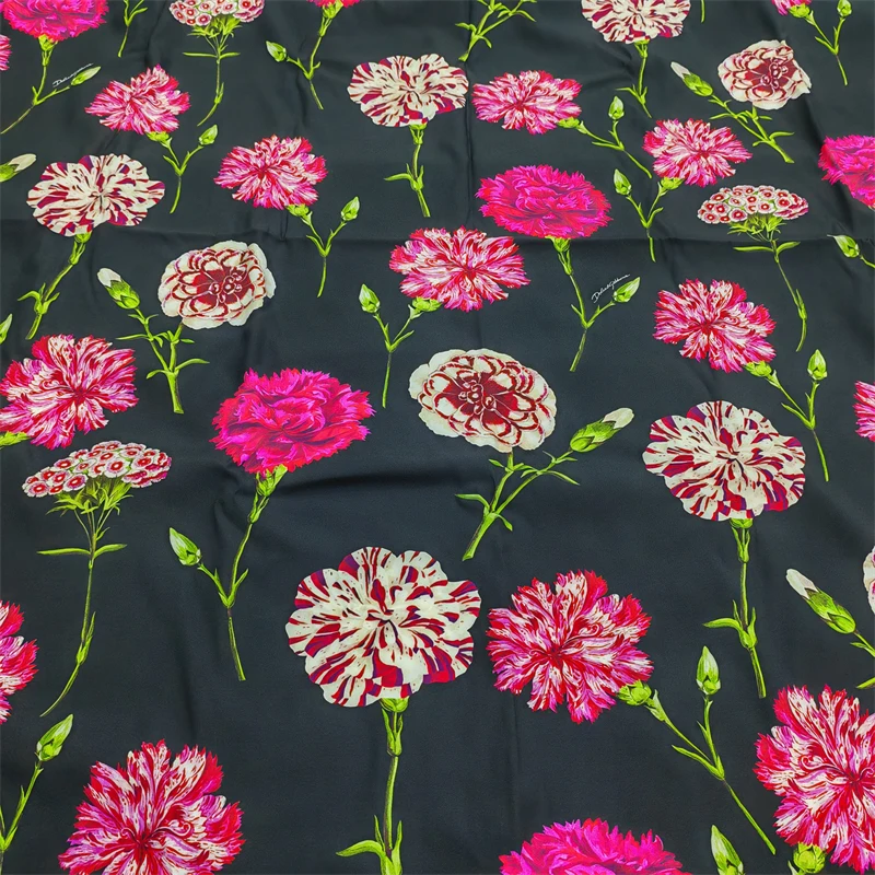 

European and American Classic Fashion New Silk Elastic Satin Printed Women's Dress Embroidered Ball Flowers High-end Silk Fabric