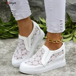 Scarpe da donna Fashion Summer White Lace Flower Sneakers Casual mesh traspirante Wedge Platform Sneakers mocassini da donna plus size 42