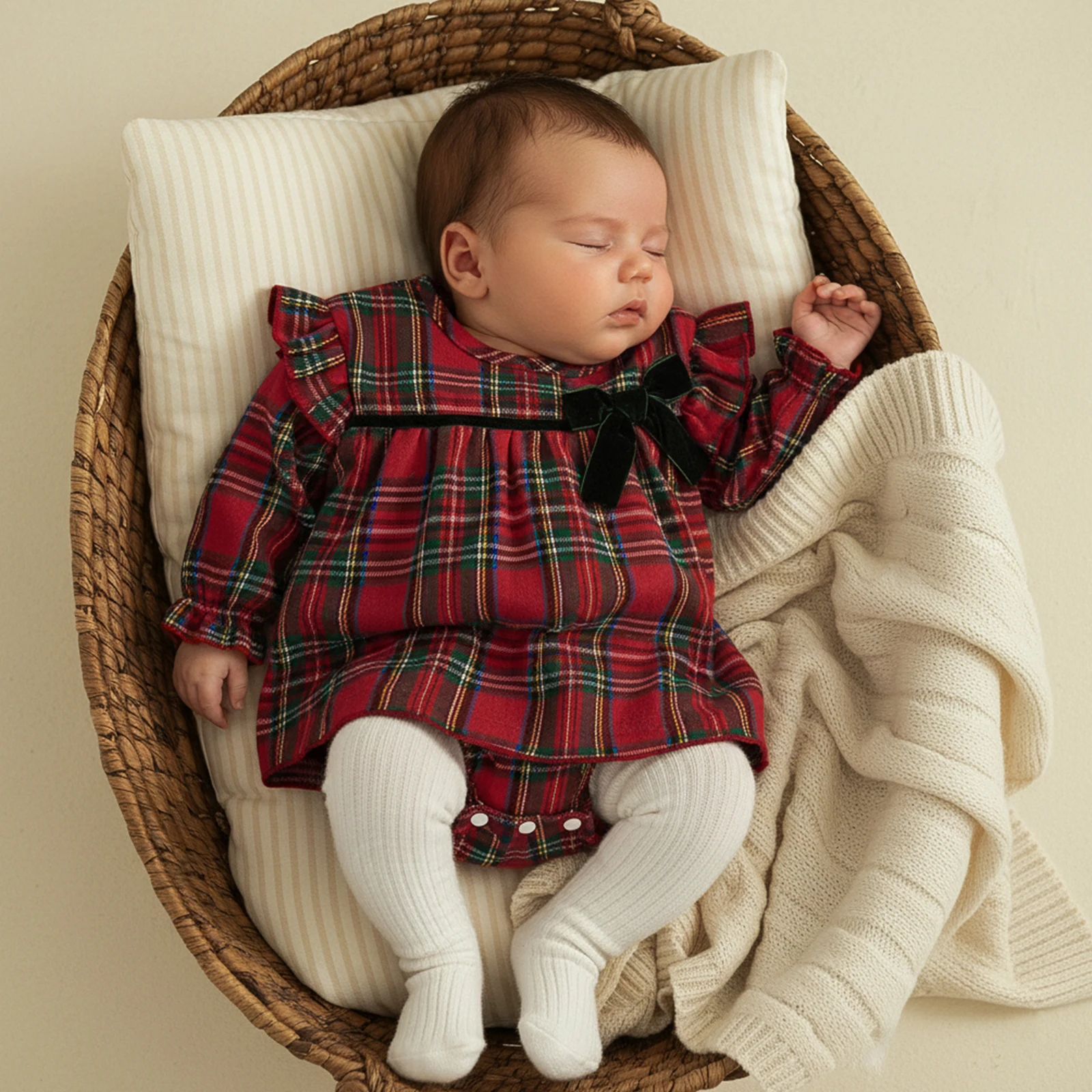 Baby Girl Plaid Romper Dress Stylish Decorative Bow Ruffled Trim Crew Neck Long Sleeve A Line Bodysuits Dress