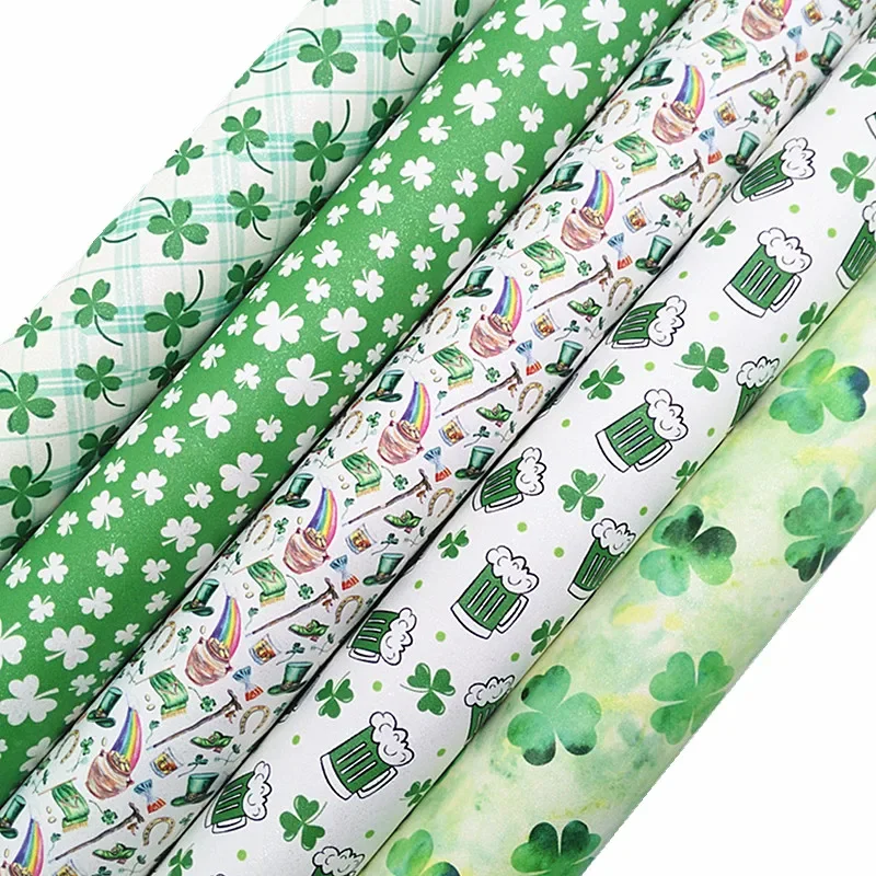 Mini Roll 30X134CM St. Patrick's Day Shamrock Printed Synthetic Leather Felt Back Glitter Suede Faux Leather For Bows MB1008