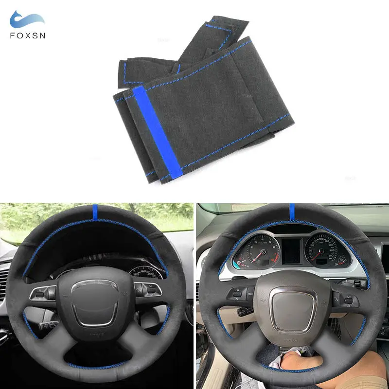 For Audi A3 8P A4 B7 B8 A5 8T A6 C6 A8 D3 Q5 8R Q7 4L 4-Spoke w button Car Steering Wheel Cover Suede Leather Trim blue line bar
