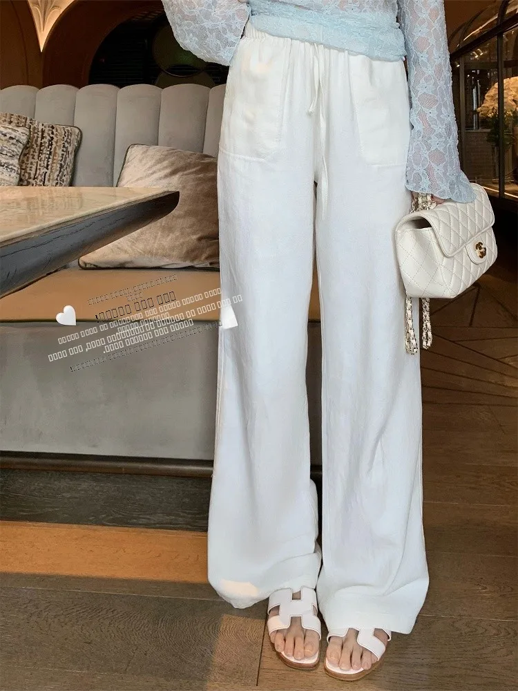 

Женские летние повседневные брюки Chien из хлопка и льна с высокой талией, прямые, свободные, широкие, в пол, на шнурке