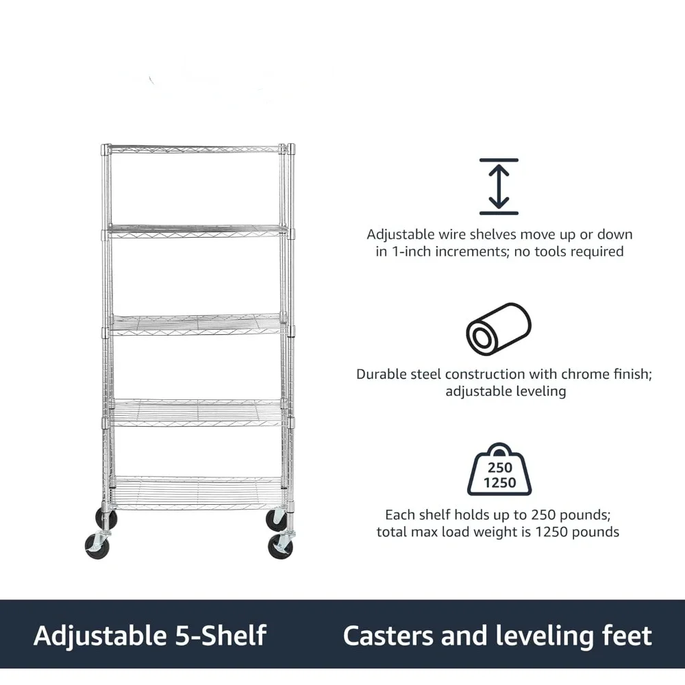 5 adjustable heavy-duty shelves, 4-inch casters, metal wire rack, 30 inches long x 14 inches wide x 64.8 inches high