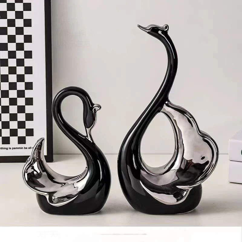 

Simple Pair Black White Couple Ceramic Swan Adornments Porch Cabinet Bookcase Sculpture Crafts Home Living Room Table Decoration