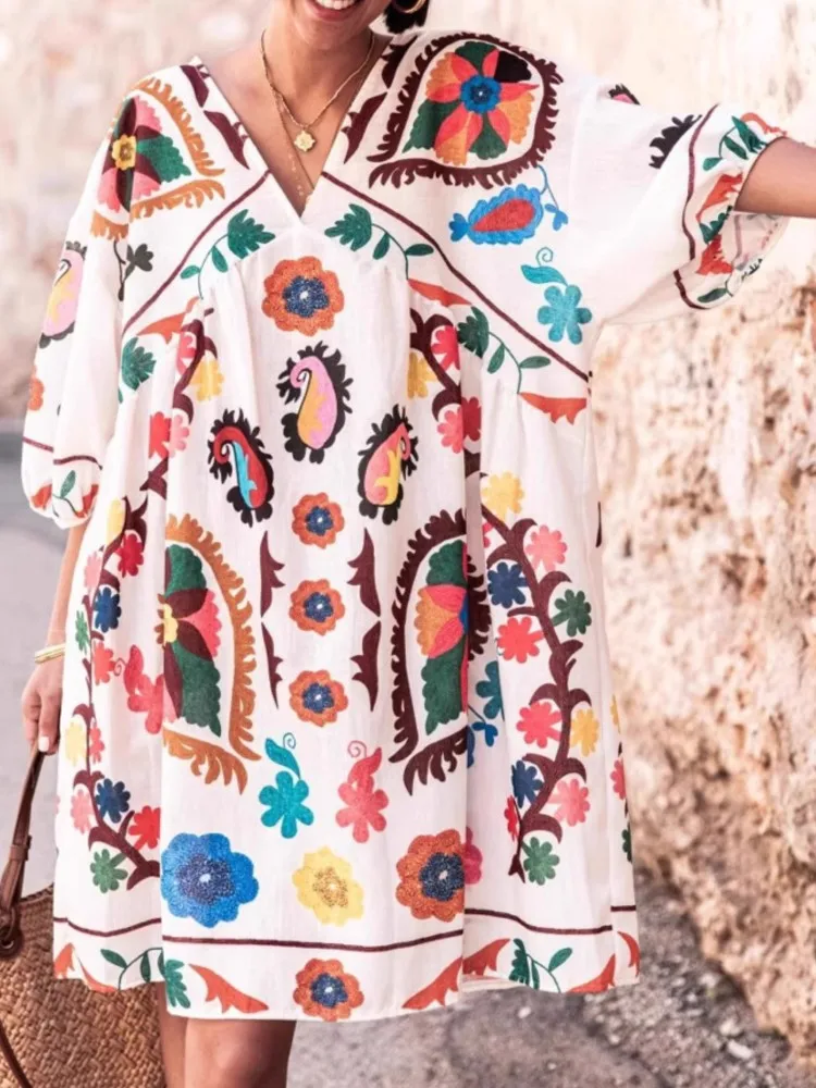 

Fashion Print Loose Dress For Female Casual V Neck Three Quarter Pullover Dresses Women Boho Holiday Beach Skirt Womens Clothing
