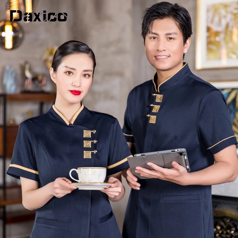 ร้านอาหารจีน Waiter Uniform แขนสั้น Cafe Waitress Uniform Chef แจ็คเก็ตผู้หญิงหม้อร้อนพนักงาน Overalls ห้องครัวทํางาน