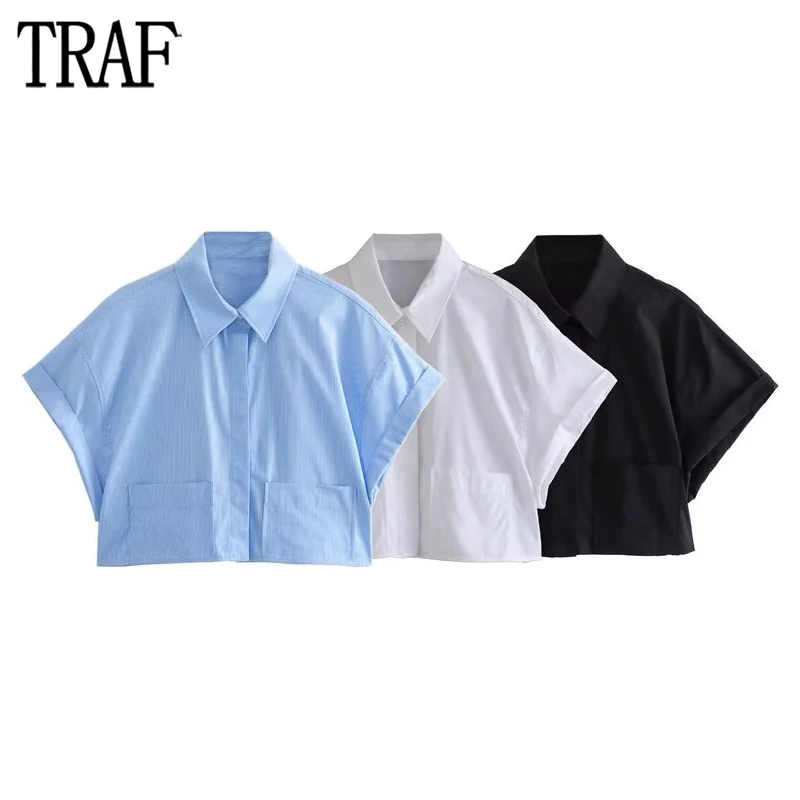 TRAF 2023 Cropped Women\'s Shirt Black White Oversized Shirt Woman Short Sleeve Crop Tops for Women Summer Shirts and Blouses