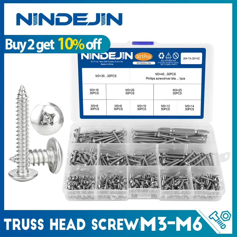 NINDEJIN Cross Recess Truss Head Screw Set M3 M4 M5 M6 Stainless Steel Phillips Self Tapping Screw Kit