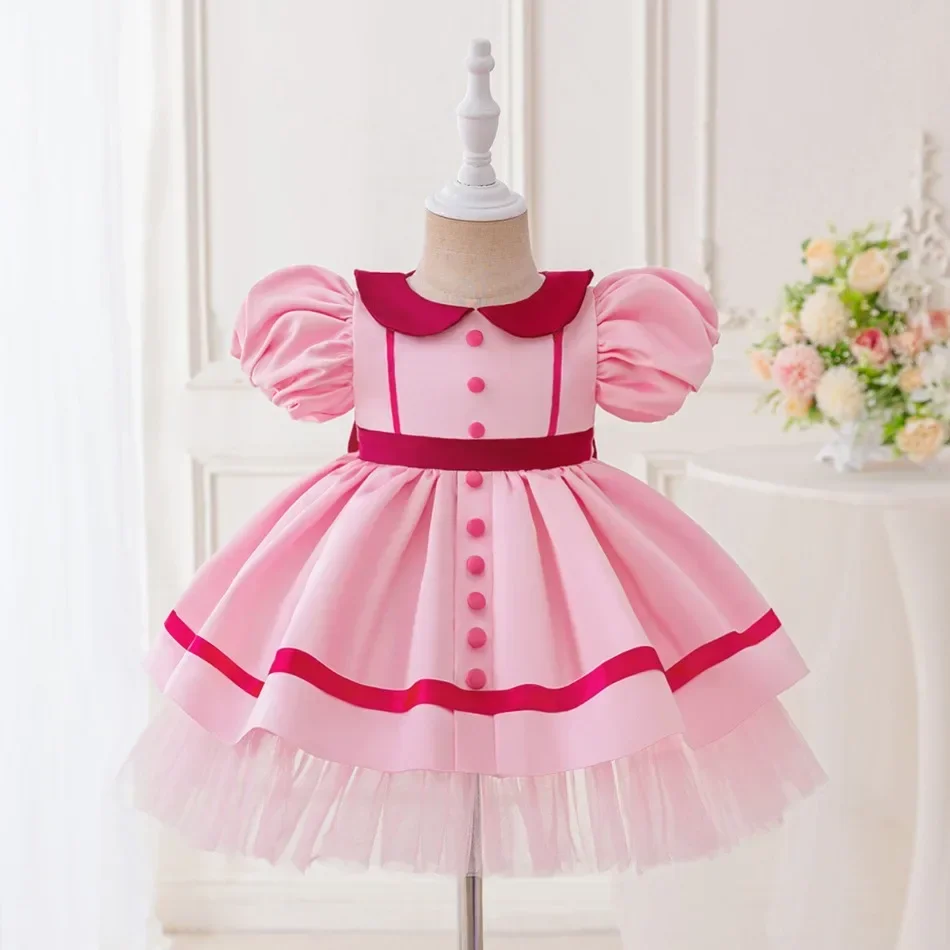 Girls Pink Satin Dress Puff Sleeve Button Decor Layered Tulle Hem Skirt Toddler Birthday Baptism Flower Girl Formal Dress ASQ03