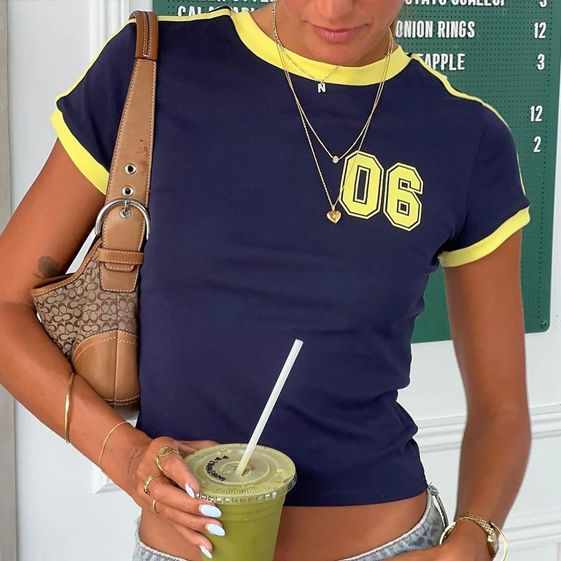 الرجعية الجرافيك المحاصيل الأعلى الأبيض قصيرة الأكمام س الرقبة عارضة تي شيرت للنساء y2k الجمالية خمر الأساسية تيز السيدات الملابس